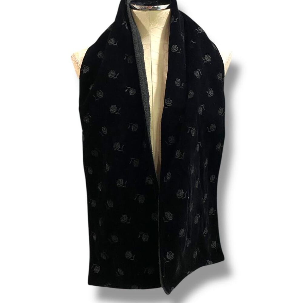 Vintage Talbots Black Velour Fleece Embroidered Scarf 56"l x 8"w